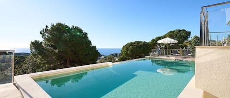 A clear swimming pool with a view of the sea, surrounded by trees and a glass balustrade.