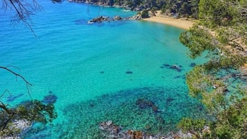 Paisagem costeira com águas turquesa cristalinas, costas rochosas e vegetação densa.