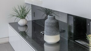 A modern kitchen with a black countertop, white cabinetry, a large flat-screen TV mounted on the wall, and decorative plants on shelves.