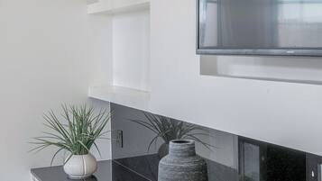 Une cuisine moderne avec un plan de travail noir, des meubles blancs, un grand téléviseur à écran plat fixé au mur et des plantes décoratives disposées sur des étagères.