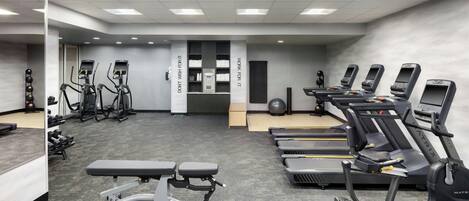 A gym with treadmills, elliptical machines, and free weights.