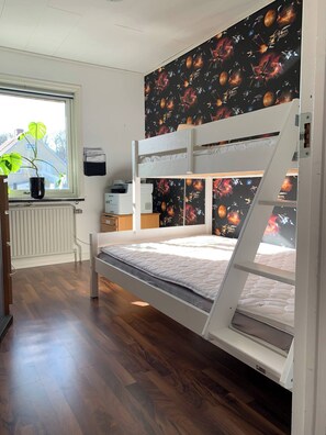 A bunk bed room with a space-themed wall, a potted plant by the window, and a radiator. - Ronneby Torneryd Retreat (Ronneby)