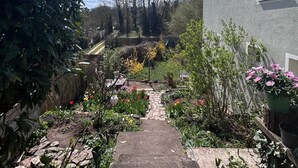 Un sentier de jardin mène à une maison dont le sol est en pierre, et qui est entourée de différentes plantes et fleurs.