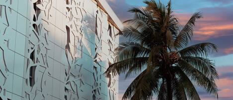 A modern building with a unique facade featuring geometric cutouts, a palm tree in the foreground, and a sunset sky in the background.