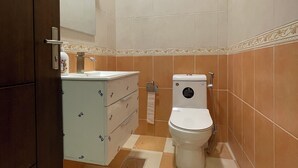 Shower, bidet, towels, soap