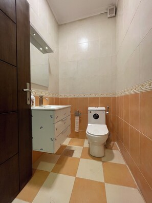 Shower, bidet, towels, soap