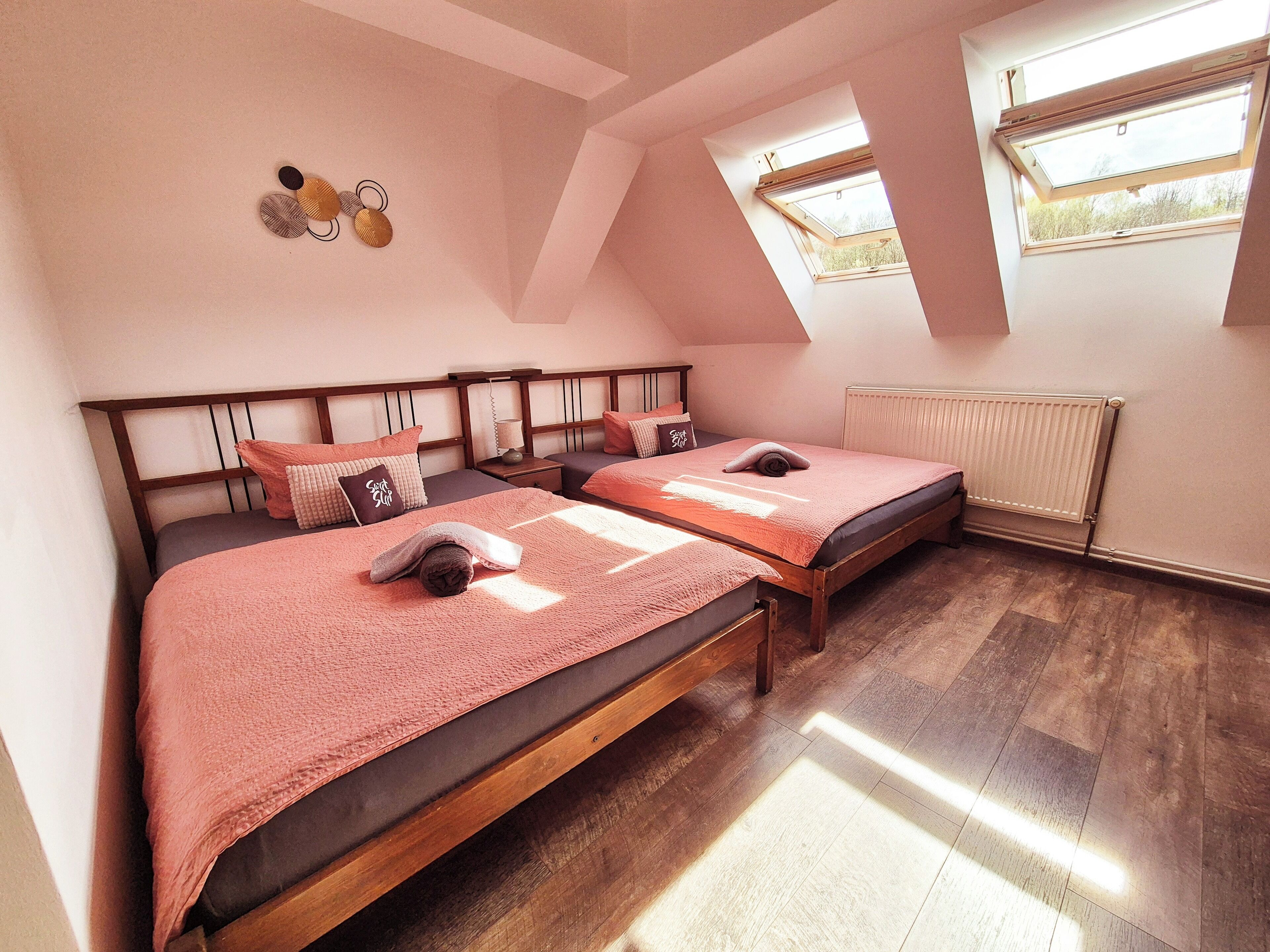 Un dormitorio con dos camas, un tragaluz, un radiador y suelo de madera.