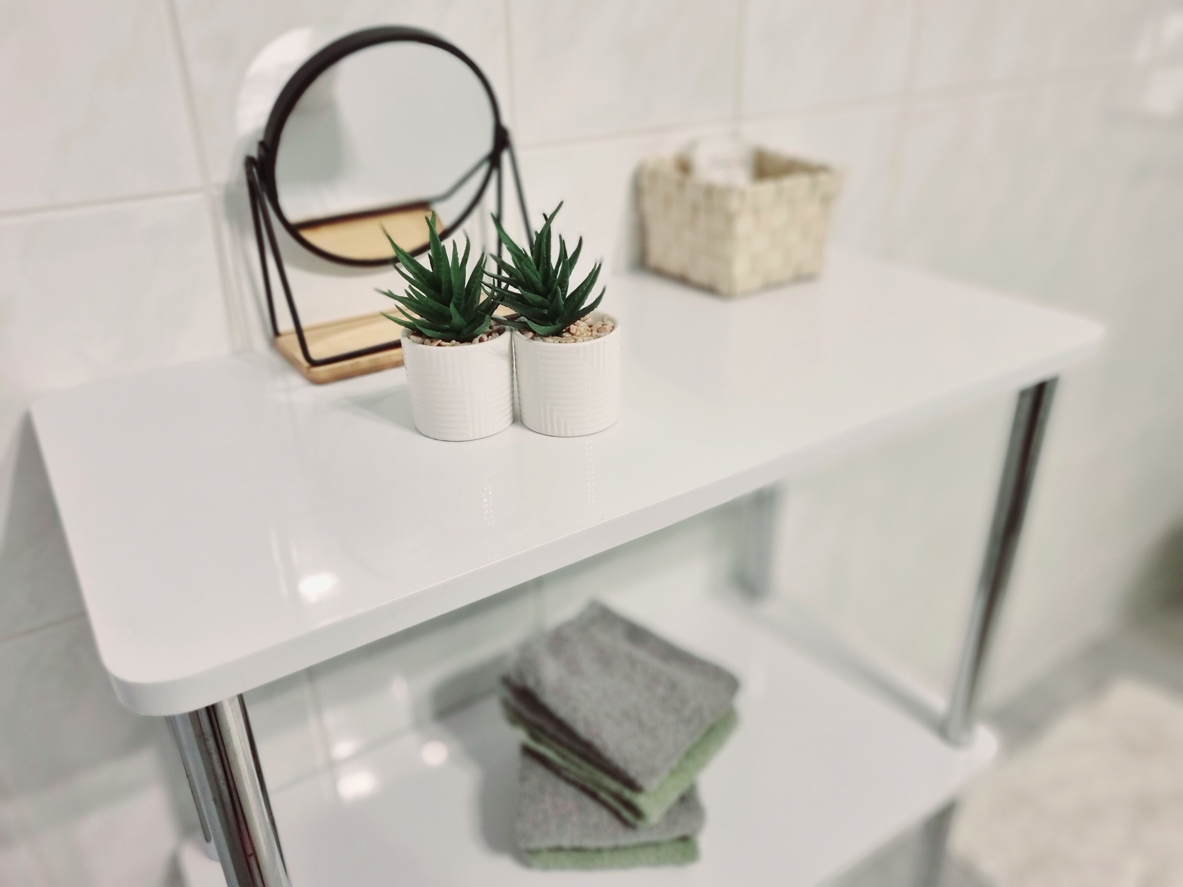 A white shelf with two potted plants, a small decorative box, and a mirror.