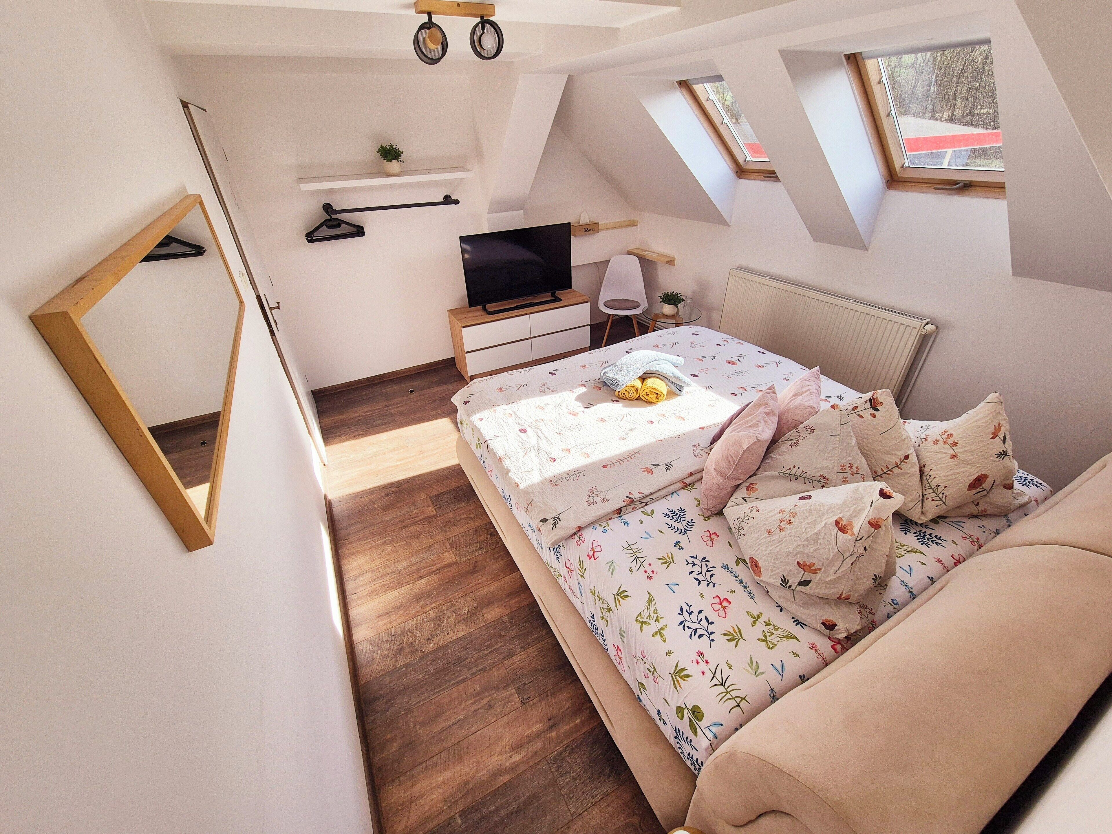 Une chambre à coucher avec un lit, une télévision, un bureau et une fenêtre.