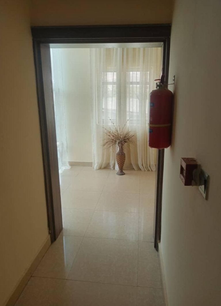 A hallway leading to a room with a fire extinguisher on the wall, a potted plant, and a window with curtains.