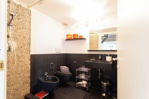 Douche, sĂšche-cheveux, bidet, serviettes fournies