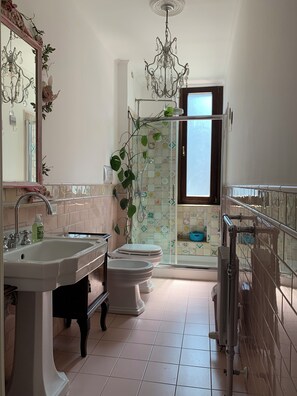Een douche, een haardroger, een bidet, handdoeken