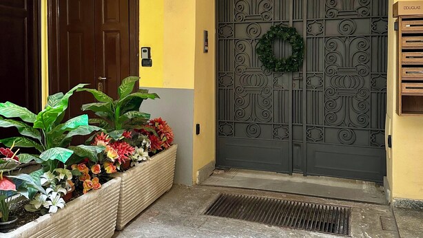 Un edificio amarillo con una reja metálica decorativa, una puerta de madera y una jardinera con diversas plantas.