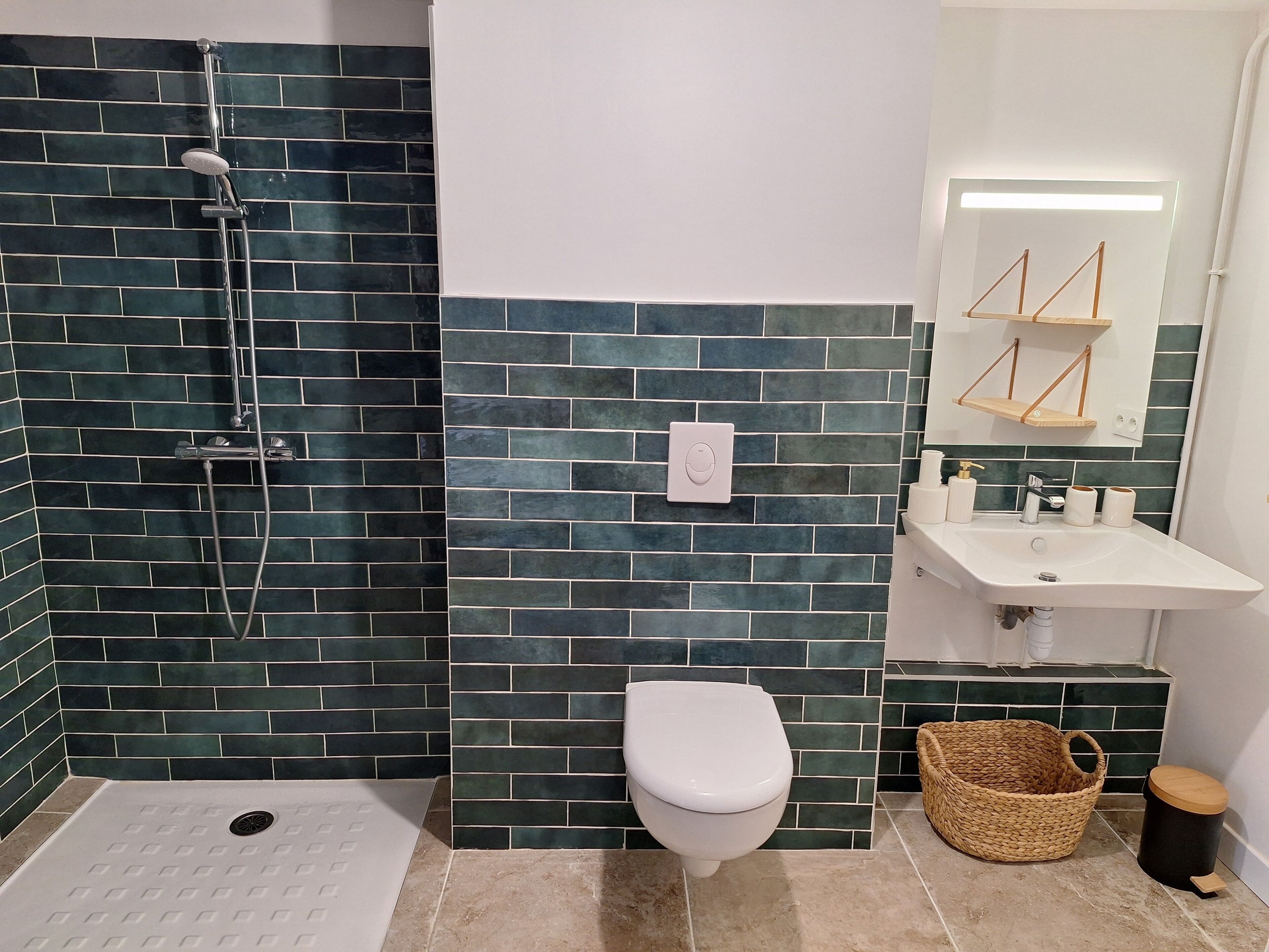 Shower, hair dryer, towels, toilet paper