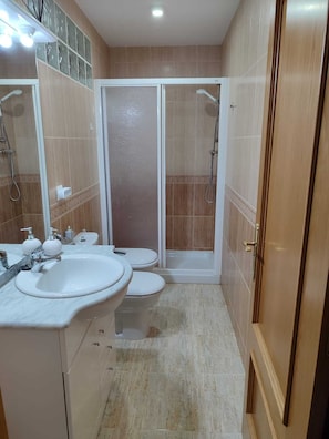 Regadera, secadora de cabello, bidet, toallas