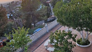 A terrace with a view of the sunset, a tiled floor, and potted plants.