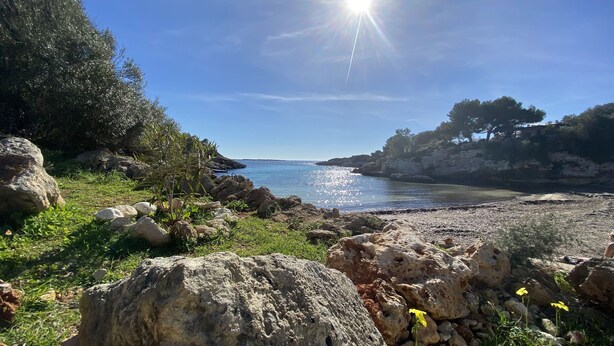 A rocky coastal landscape with a clear sky and sunlight reflecting off the water.