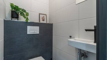 Ein modernes Badezimmer mit grauen Fliesen, einer weißen Toilette, einem Waschbecken mit chromfarbenem Wasserhahn, einer Topfpflanze und einem gerahmten Bild.