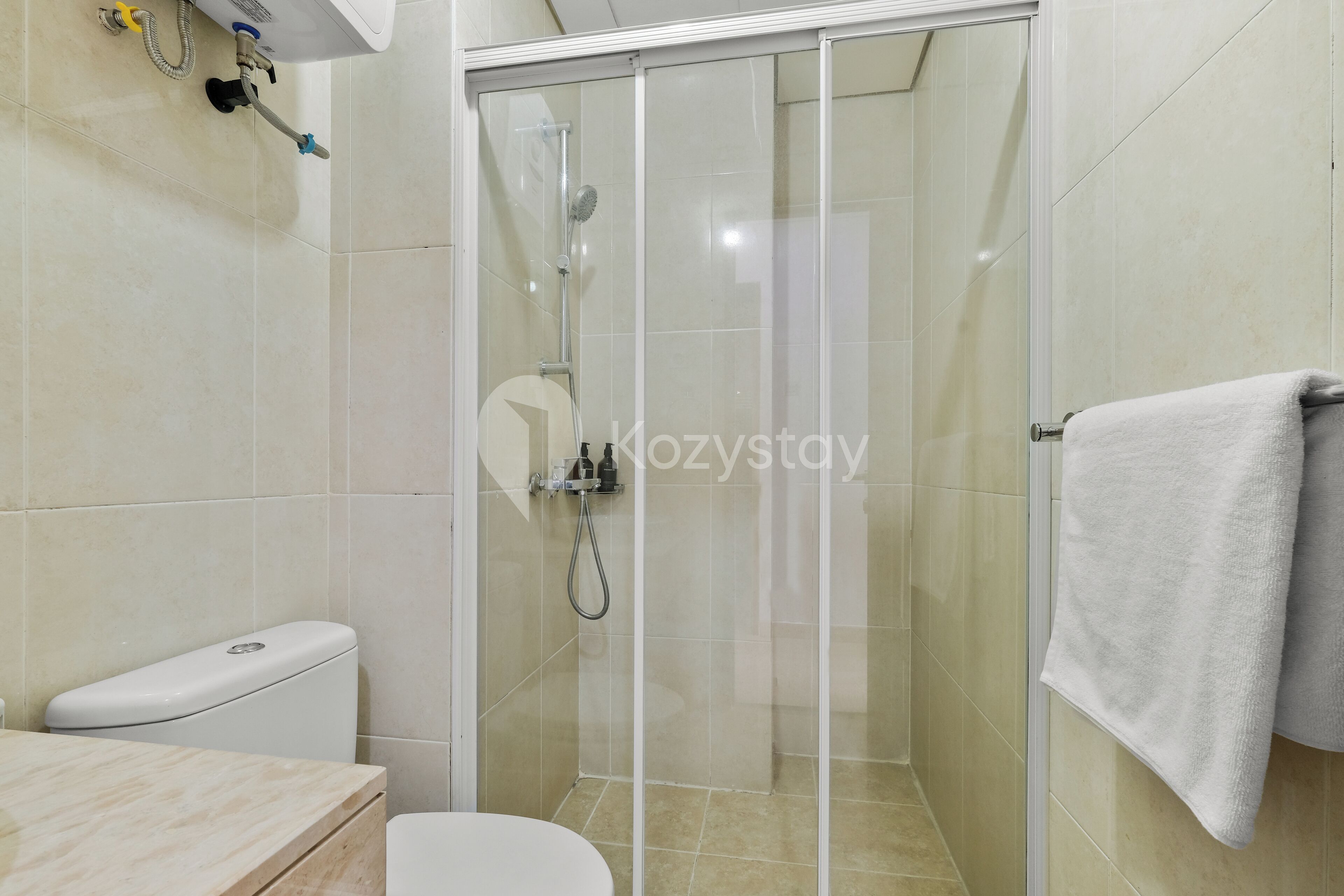 Une salle de bain comprenant des toilettes, un espace douche et un porte-serviettes.