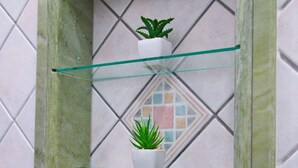 Una mensola in vetro con cornice e due piante in vaso, su un muro rivestito di piastrelle.