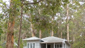 A two-story wooden house with a balcony, surrounded by trees in a forested area.