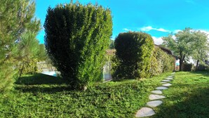 A well-maintained garden with a stone pathway leading to a house.