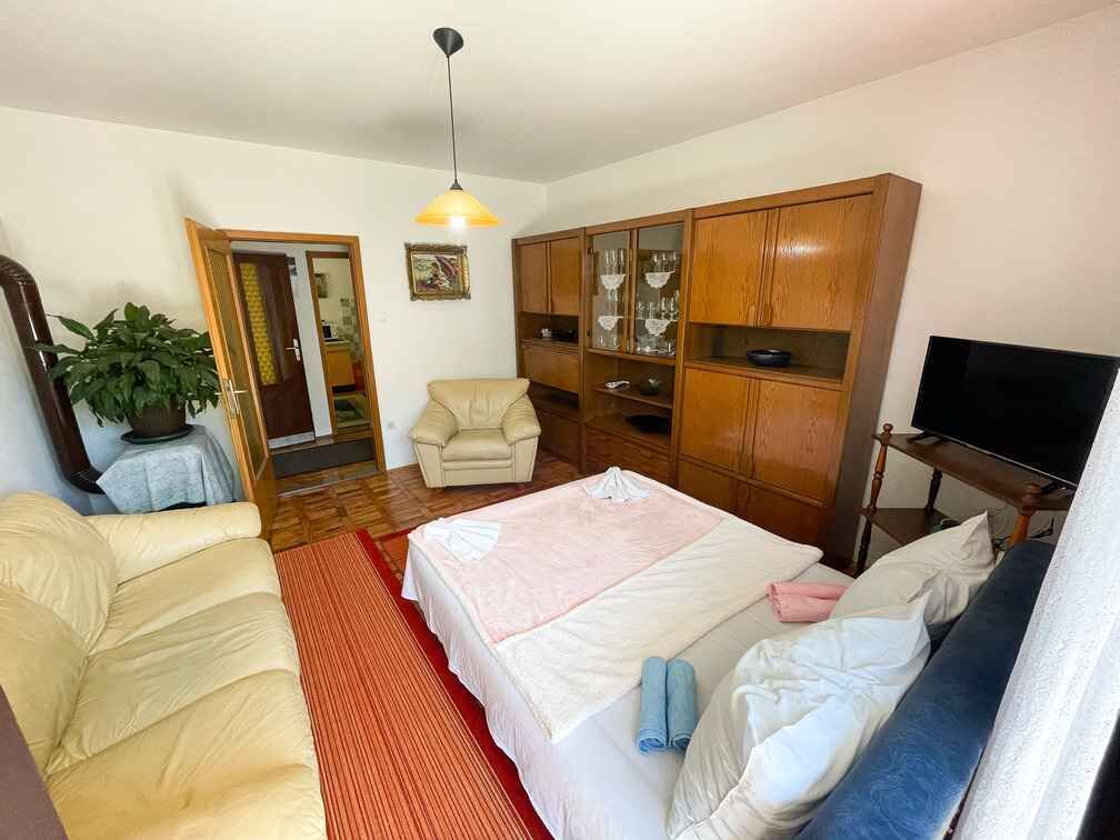 Una habitación con una cama, un sofá, un televisor y un armario de madera.
