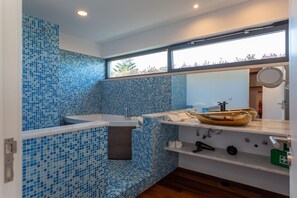 Secador de cabelo, toalhas de banho