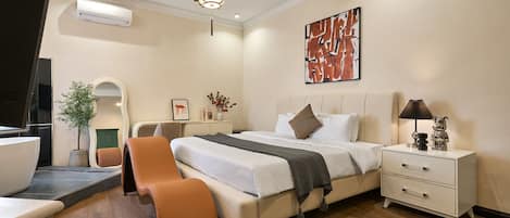 Desk, laptop workspace, blackout drapes, free WiFi