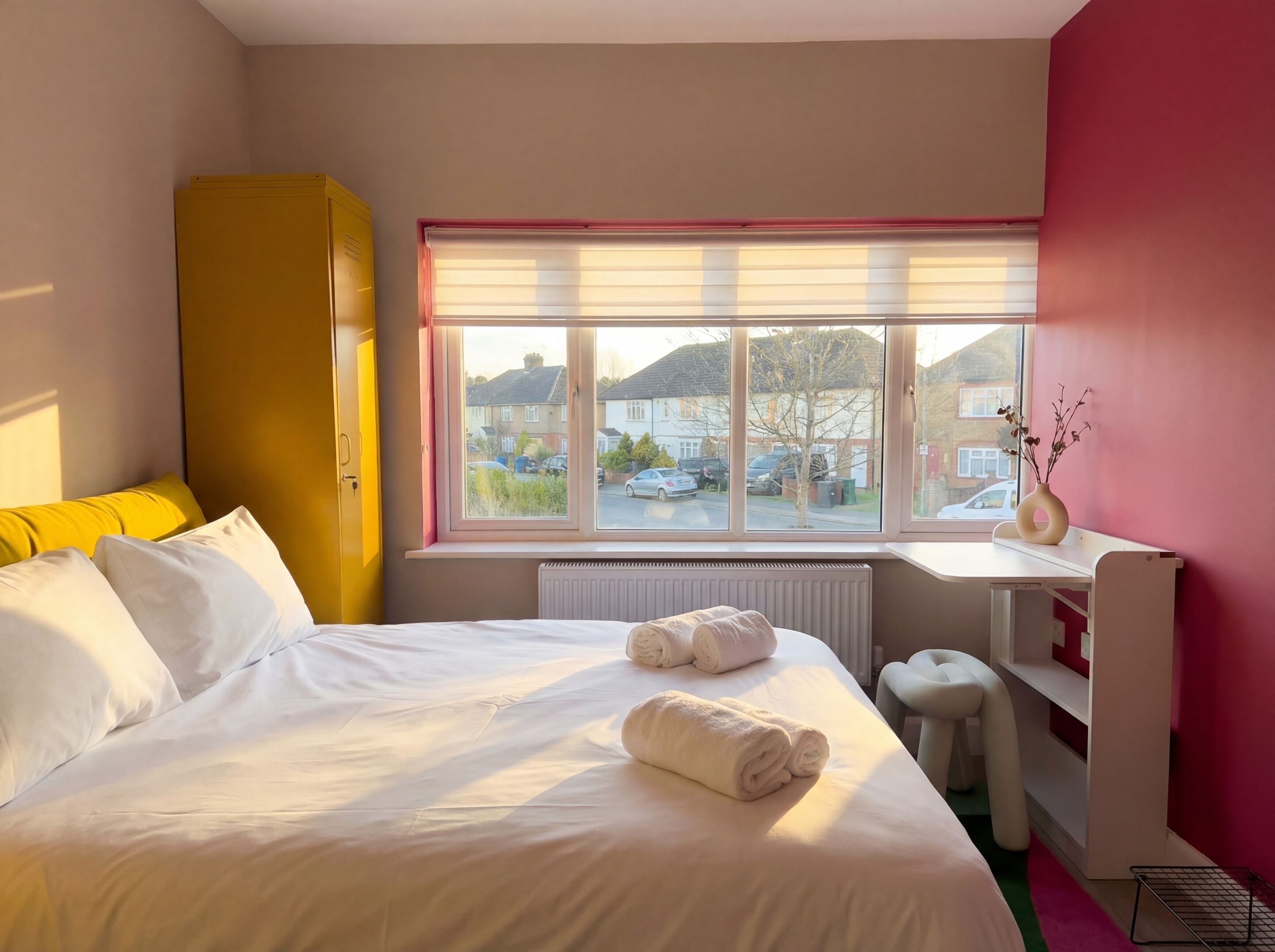 Habitación de hotel con cama, escritorio, radiador, ventana con persianas y vista a la calle.