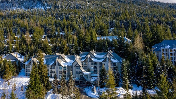 Un albergue con varias construcciones rodeado de árboles nevados y montañas al fondo.