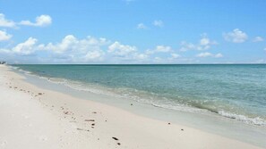 A beach with clear water and a sandy shore.