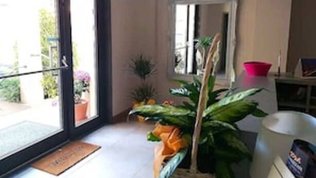 A room with a sliding glass door leading to a balcony, a large mirror, and several potted plants. - 12. Apartment (Signa)