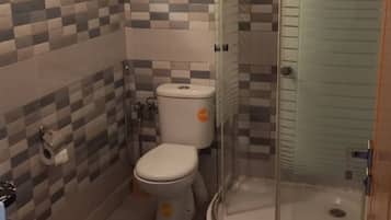 Chuveiro, bidê, toalhas de banho, papel higiênico