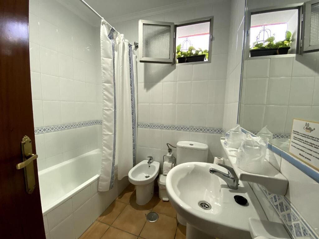A bathroom with a bathtub, a bidet, a sink, and a window with plants.