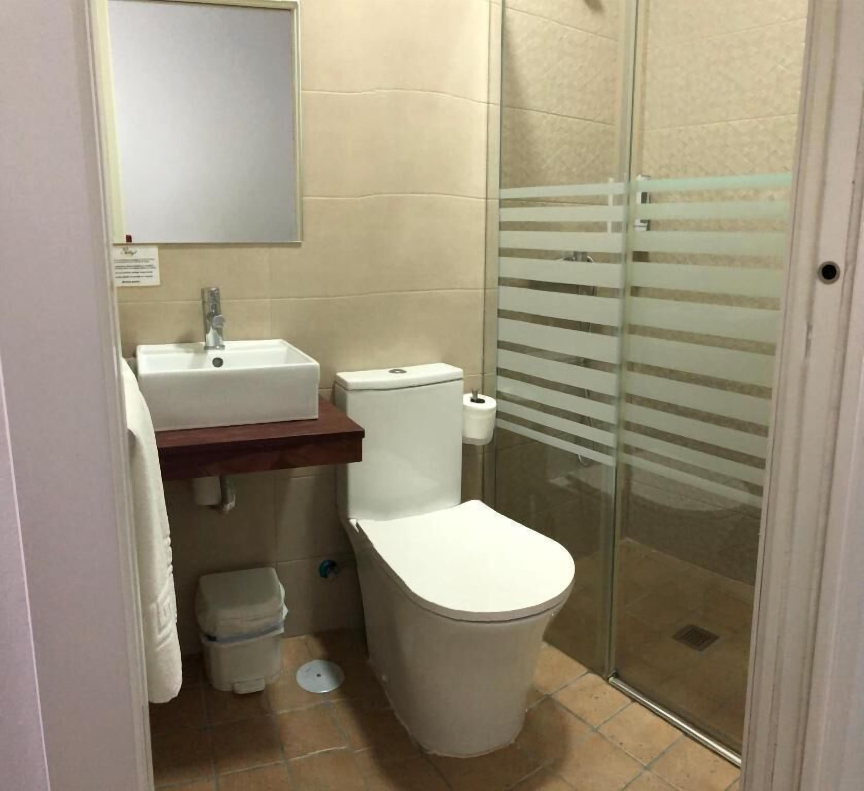 A small bathroom with a toilet, sink, and shower.