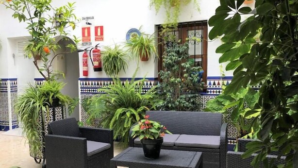 A courtyard with wicker furniture, potted plants, and a reception sign. - Hostal Mellizo (Lebrija)