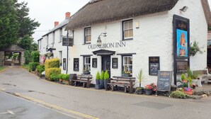 Un bâtiment blanc avec un toit de chaume, appelé Old Albion Inn. On y trouve des bancs en bois et des plantes en pot à l’extérieur.