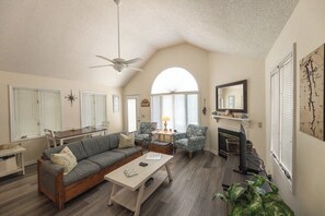 Télévision, cheminée, lecteur de DVD