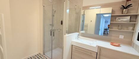 A modern bathroom with a glass shower enclosure, a white sink, and a mirror above it.