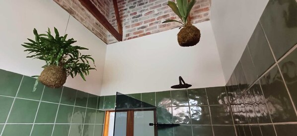 Une salle de bain avec des carreaux verts, une douche et deux plantes suspendues.