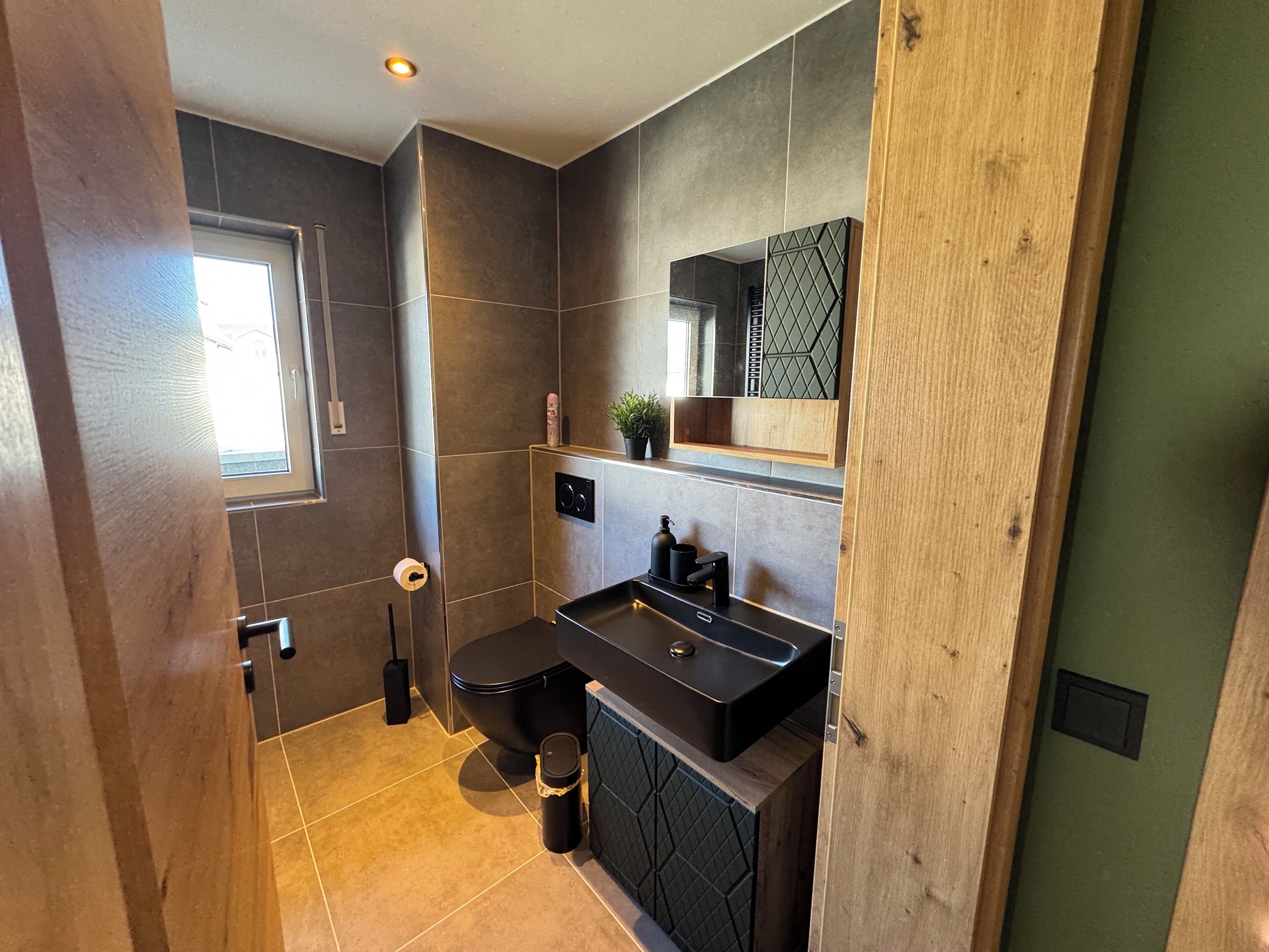 A modern bathroom with a black sink, a toilet, and a mirror. There is a window providing natural light and a small plant on the vanity.