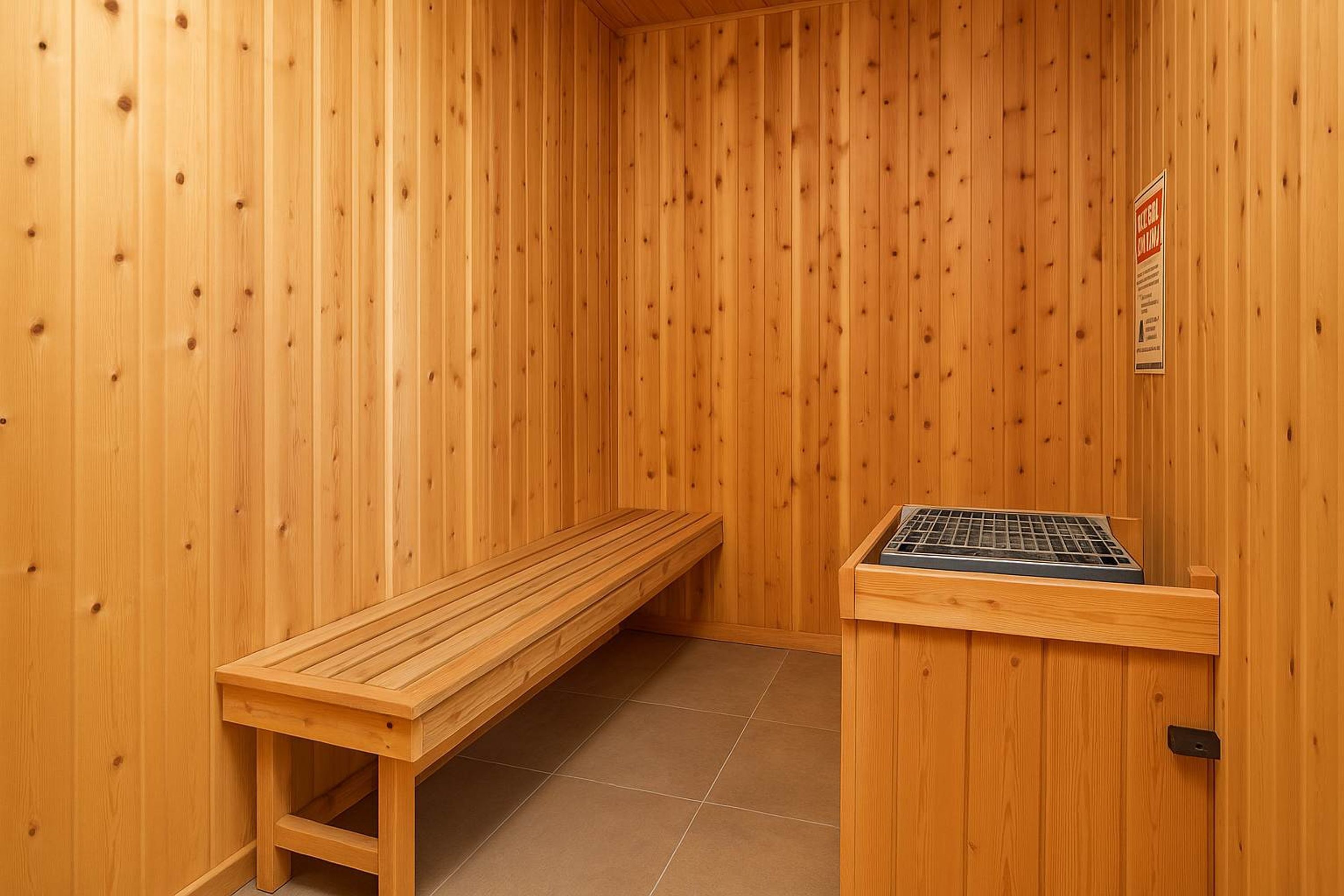 Una sala de sauna con paredes de madera, un banco y una mesa para sauna.