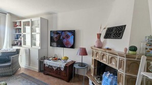 A living room with a television, a fireplace, a bookshelf, and a dining area.