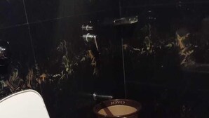 A bathroom with a white toilet, a shower, and a trash bin.