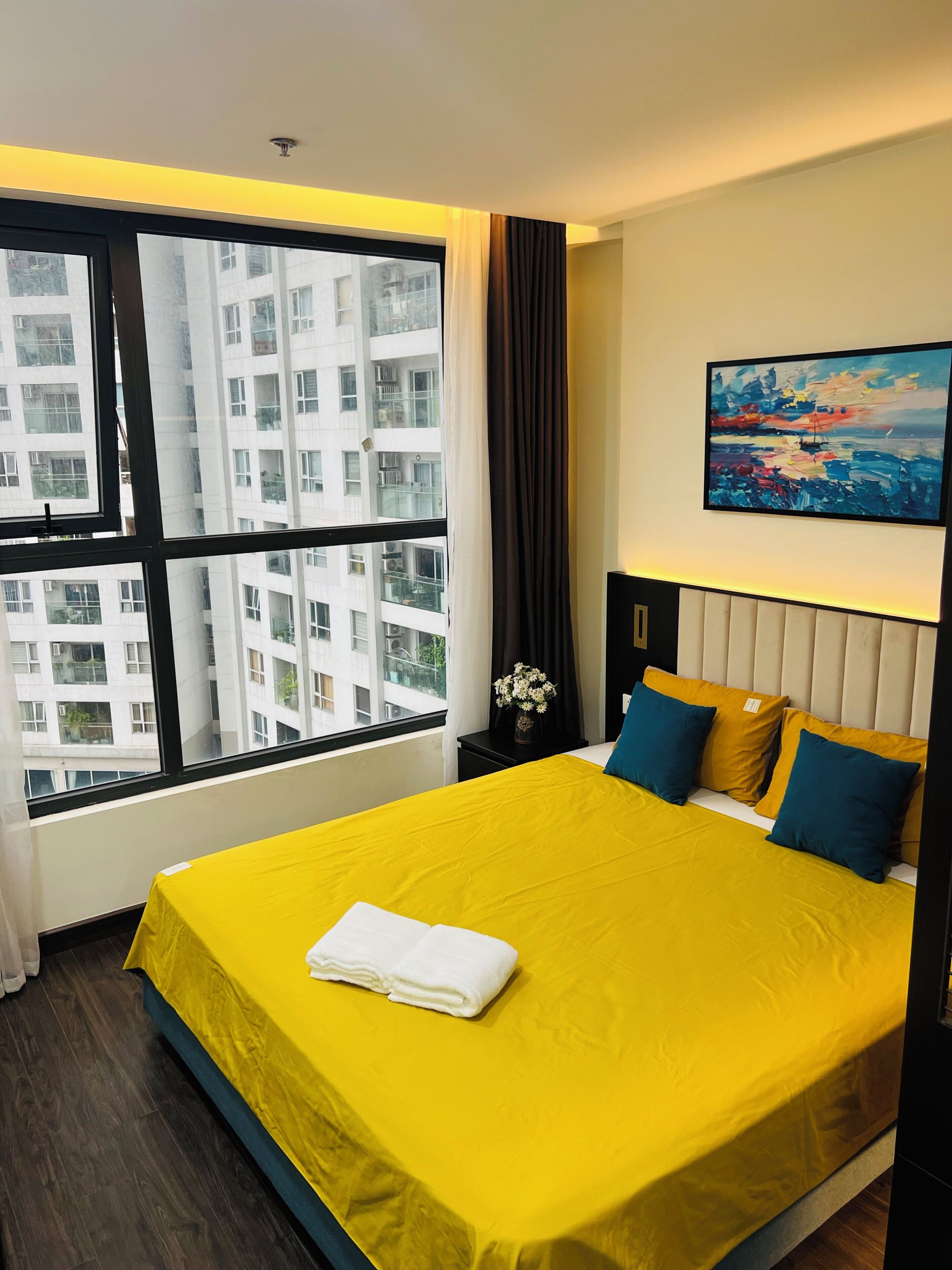2 bedrooms, blackout drapes, soundproofing, iron/ironing board