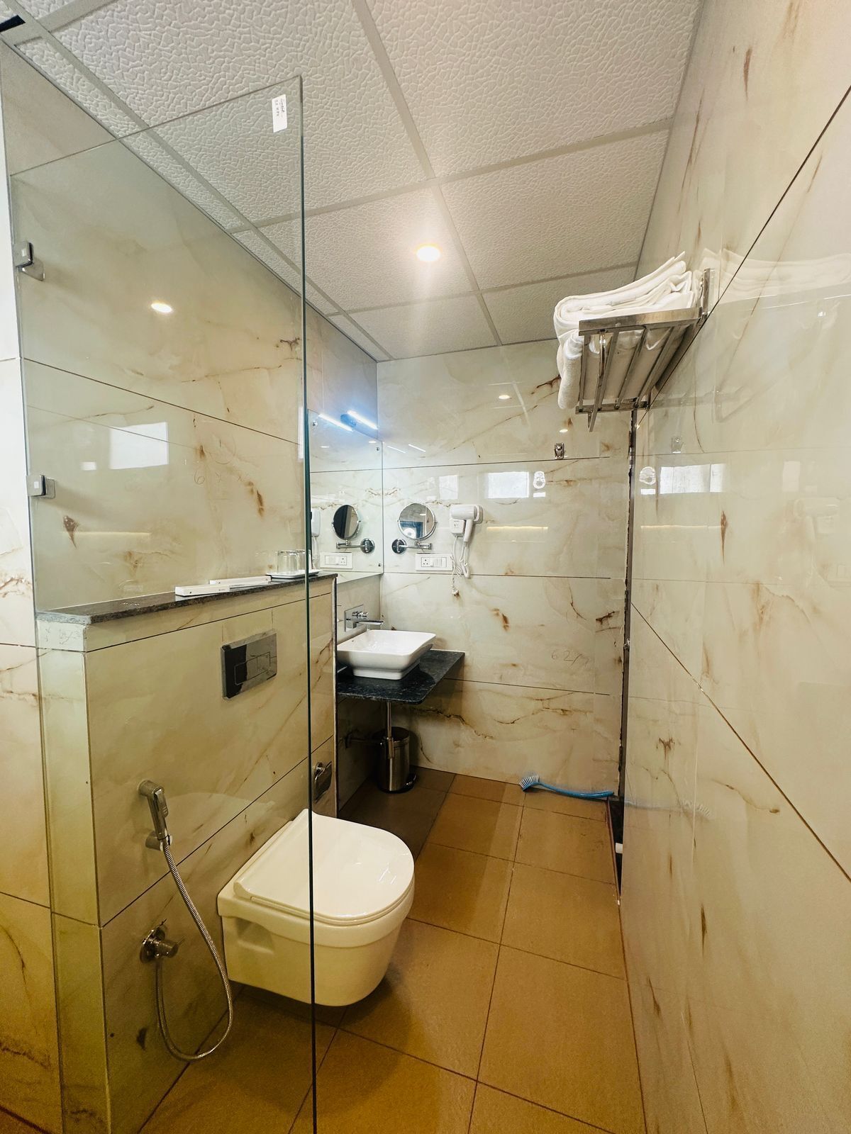 A modern bathroom with a glass shower enclosure, a white toilet, a sink with a mirror, and a towel rack.