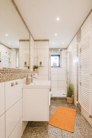 Shower, hair dryer, towels, soap