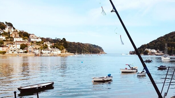 A coastal scene with boats docked along the shore, a fishing rod in the foreground, and houses on a hillside in the background.