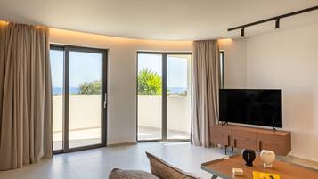 Villa, 3 Bedrooms, Private Pool, Sea View | Living area | 43-inch Smart TV with satellite channels, fireplace, Netflix